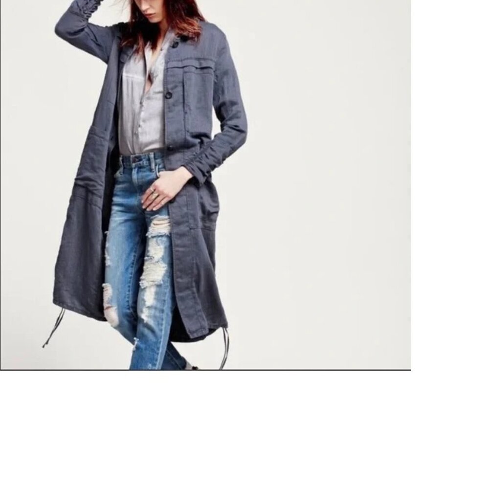 Free People Linen Cargo Utility Military Style Duster Gray Blue Womens Size M